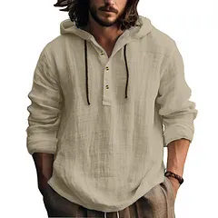 Men's Casual Linen Blend Hooded Henley Shirt Long Sleeve Loose Fit Breathable Solid Color Pullover Hoodie Top Spring Autumn