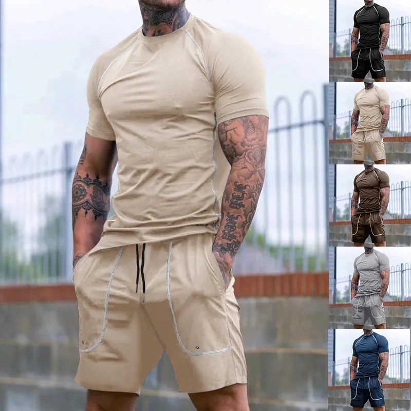Men Sportswear Outfit Polyester Spandex Breathable Casual Raglan Sleeve T-Shirt And Drawstring Shorts Comfort Sporty Suit