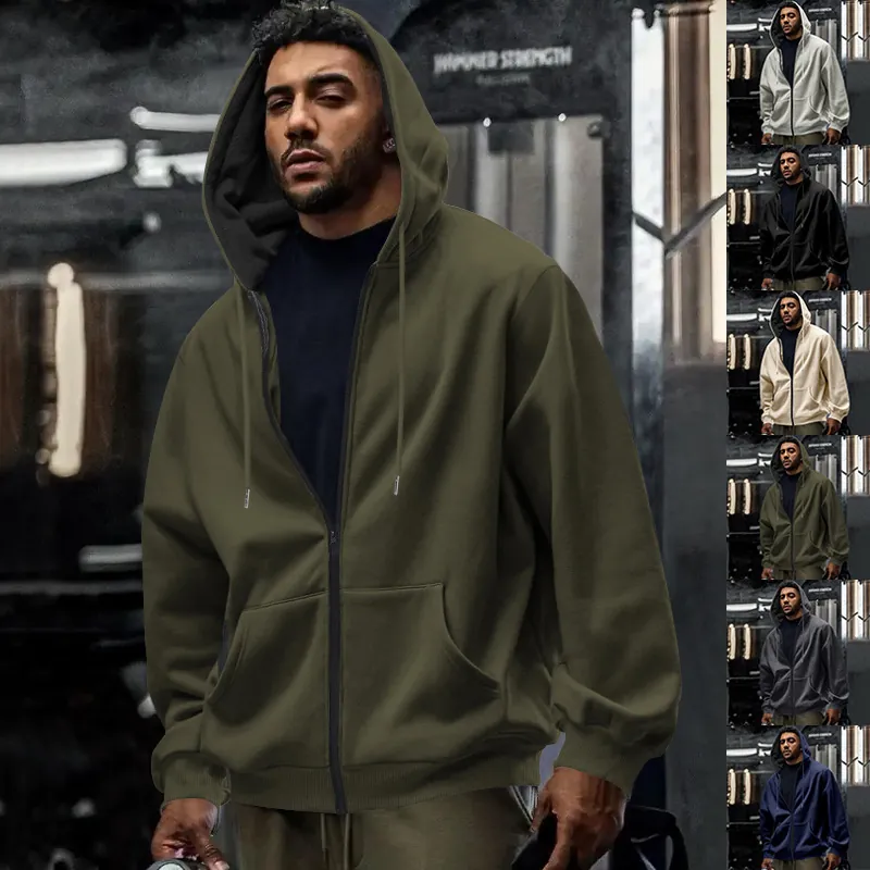 Men's Full Zip Hoodie Solid Color Hooded Sweatshirt Casual Sport Jacket Drawstring Pockets Loose Fit Outerwear For Men
