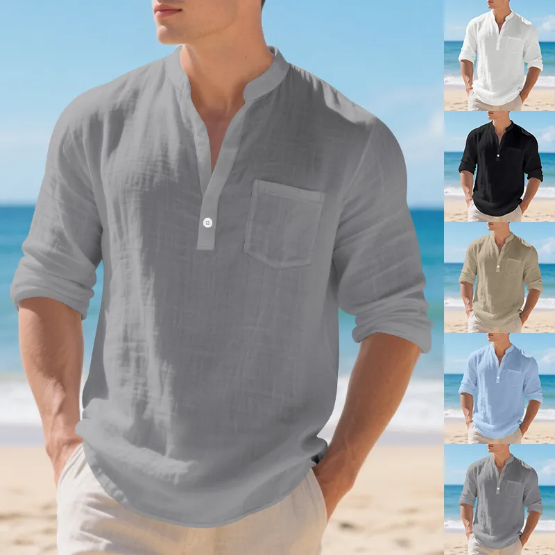 Men Linen Cotton Henley Shirt Breathable Loose Fit Long Sleeve V Neck Casual Beach Vacation Top Solid Color Pullover Top With Pocket