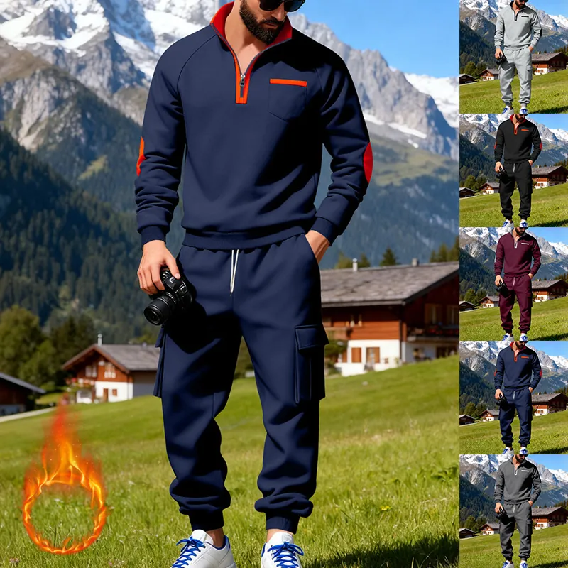 Damen Casual Fleece Gefüttert Stehkragen Sweatshirt Und Cargo Trainingshose Trainingsanzug Herbst Winter Outdoor Sportlich Top Und Unten
