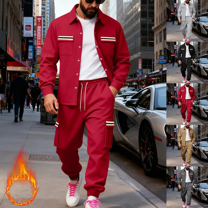 Veste Polaire pour Hommes et Pantalon Cargo Tenue d'Hiver Décontractée Streetwear Chaud Polyester Poches Utility Ruban Rayé