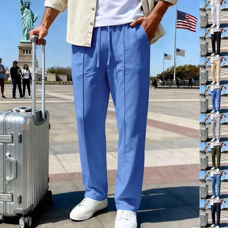 Men Casual Pants Polyester Twill Drawstring Elastic Waist Straight Leg Vertical Seam Decorative Line Travel Bottoms