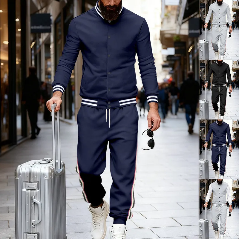 Veste de Baseball et Jogging pour Hommes Top et Bottom Rayé Poignets Nervurés Survêtement Décontracté Printemps Automne