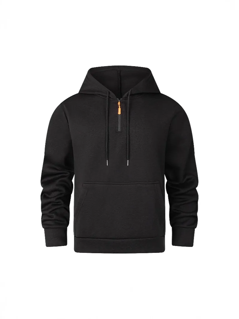 Men Sport Hoodie Half Zipper Polyester Pullover Long Sleeve Casual Sweatshirt With Kangaroo Pocket Drawstring Hood Men