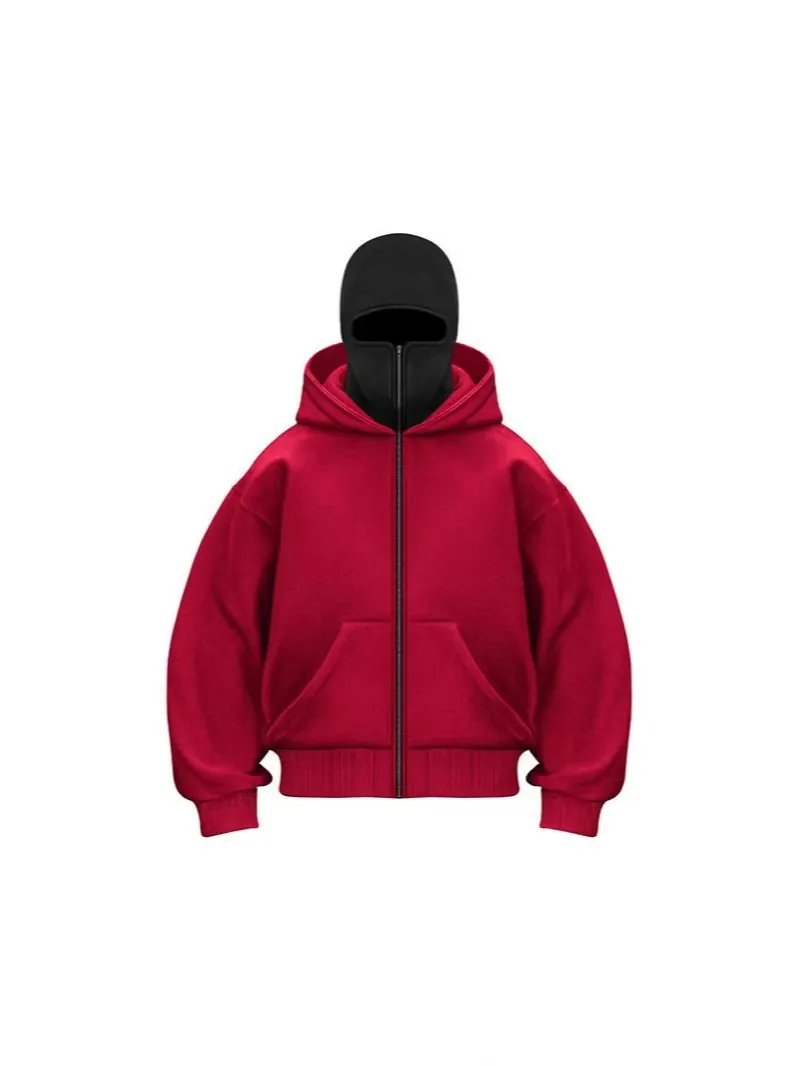 Men's Heavyweight Balaclava Hoodie Oversized Zip Up Sweatshirt Streetwear Techwear Autumn Winter Warm Solid Fleece Top