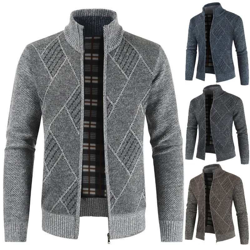 Herren Winter Verdickter Gefütterter Strickcardigan Stehkragen Reißverschluss Geometrisches Rautenmuster Freizeitjacke