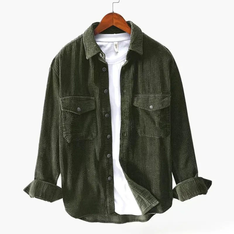 Men Vintage Corduroy Long Sleeve Shirt Casual Double Pocket Button Down Lapel Top Workwear Jacket For Men