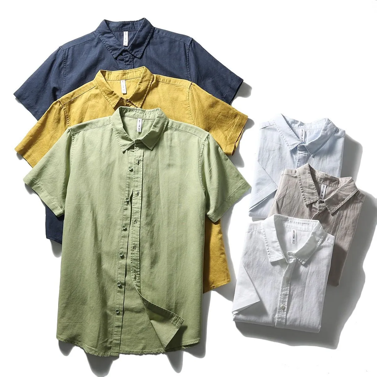 Men Casual Cotton Linen Short Sleeve Shirt Breathable Solid Color Button Up Lapel Summer Top For Men Japanese Style