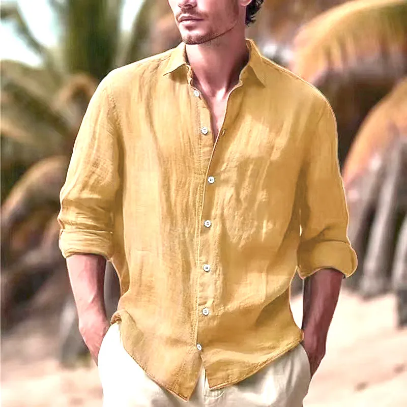 Men Cotton Linen Shirt Long Sleeve Button Down Casual Beach Holiday Tops Solid Color Breathable Regular Fit Spring Summer Shirt