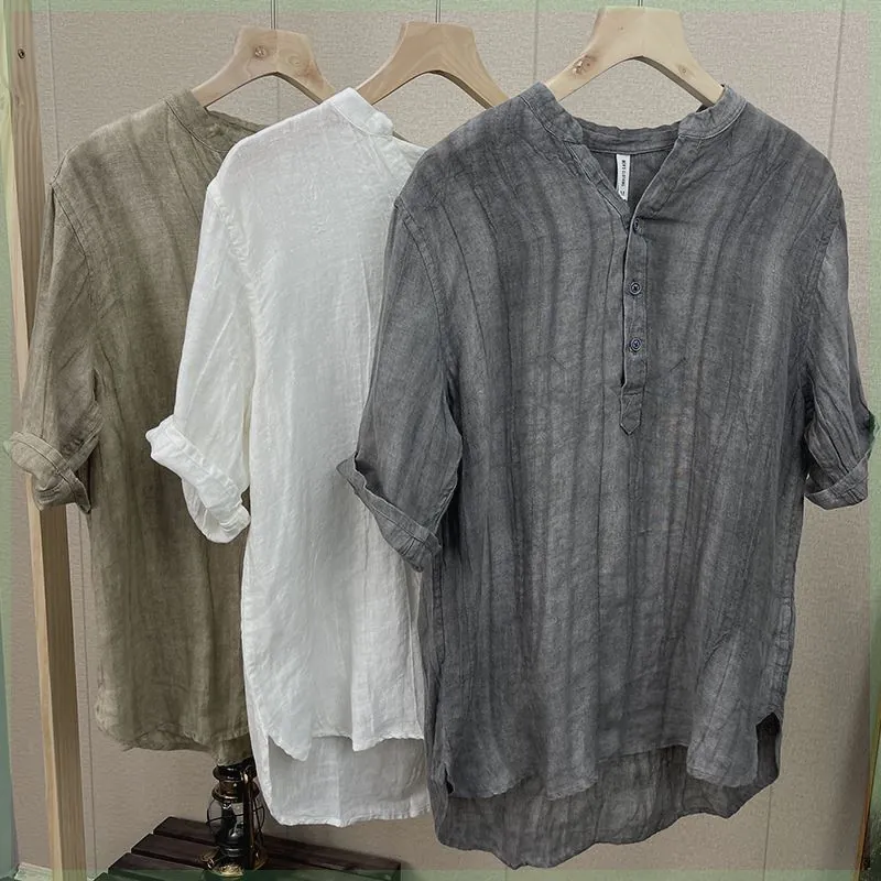 Men Casual Cotton Linen Henley Shirt Short Sleeve Retro Stand Collar Loose Fit Summer Thin Breathable Solid Color Tops