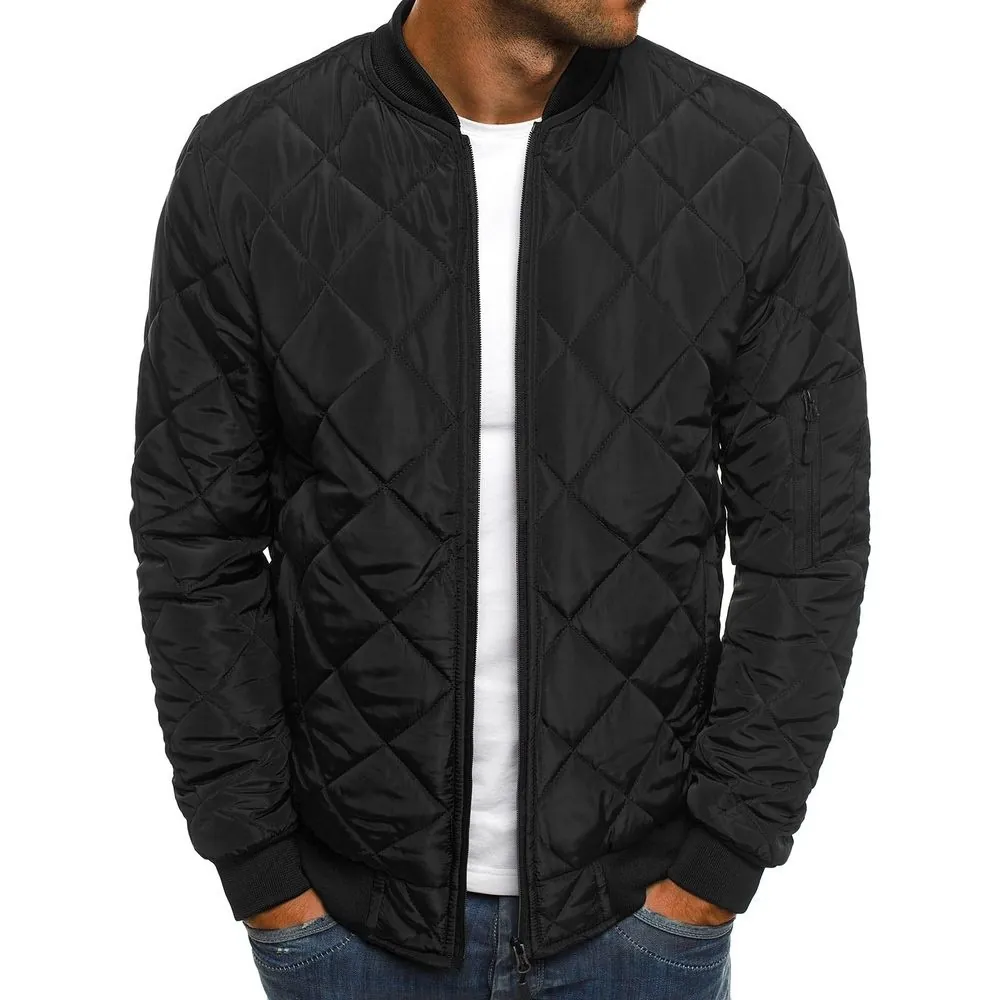 Men's Winter Thickened Padded Jacket Diamond Quilted Bomber Jacket Stand Collar Warm Outerwear Casual Windproof Coats