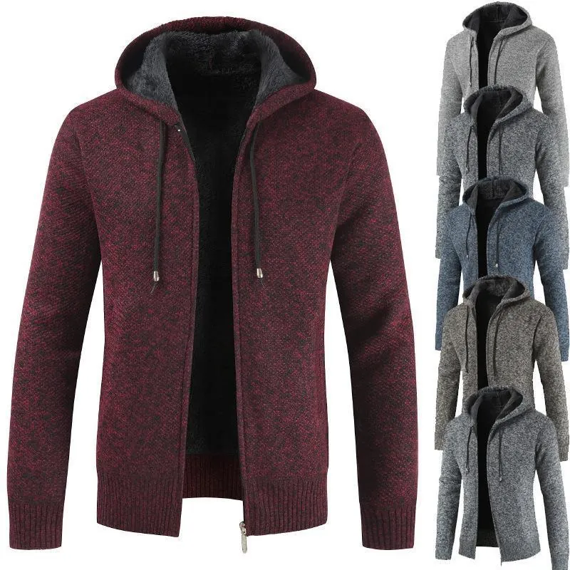 Men Casual Cotton Blend Knitted Hooded Cardigan Fleece Lined Thermal Zip Up Sweater Jacket For Winter Outdoor Urban Fashion