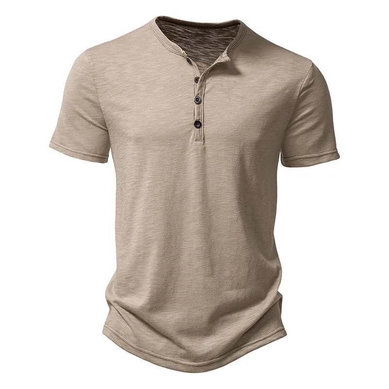 Men's Slub Cotton Henley Shirt Casual Short Sleeve Business Slim Fit Polo T-Shirt Solid Color Summer Top