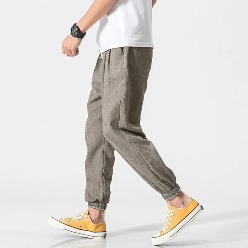 Men Casual Cotton Linen Harem Pants Japanese Retro Drawstring Waist Jogger Trousers Loose Breathable Solid Color Summer Bottoms