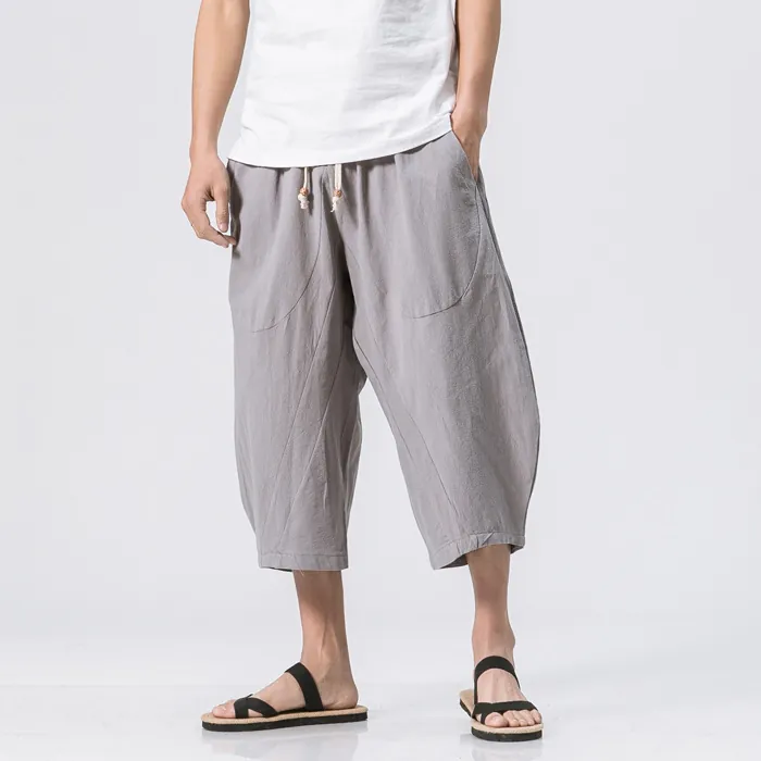 Men Cropped Pants Linen Cotton Blend Breathable Wide Leg Harem Trousers Vintage Style Summer Loose Fit Drawstring Waist