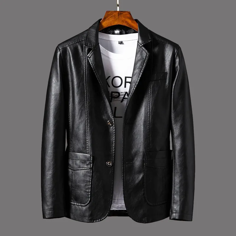 Men Leather Blazer Jacket PU Leather Single Breasted Two Button Blazer Soft Shell Solid Color Slim Fit Blazer For Men Office Business Casual Outerwear Coat