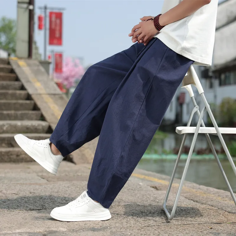 Pantaloni Casual da Uomo in Stile Cinese Cotone Lino Vestibilità Larga Gamba Larga Harem Pantaloni Zen Coulisse Estate