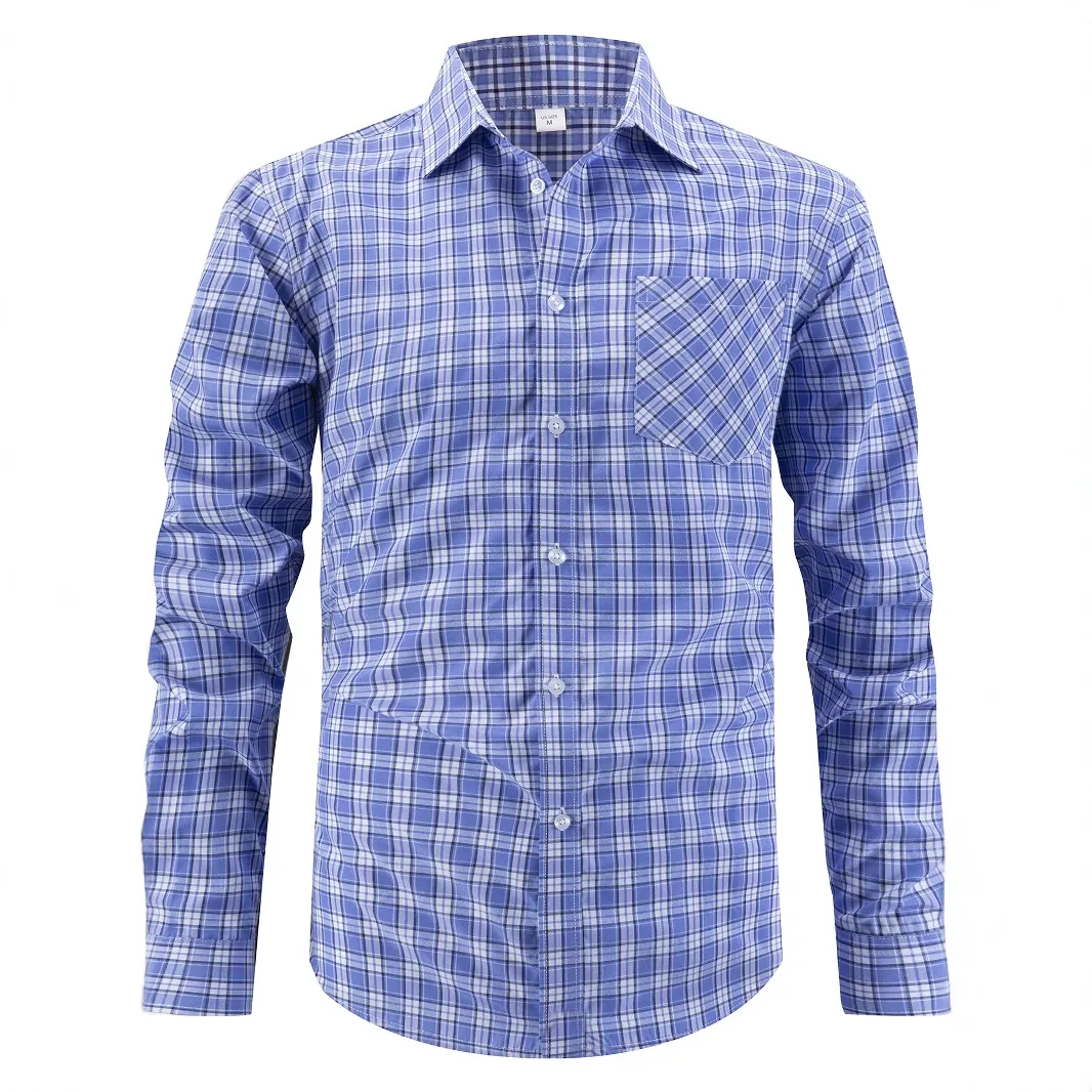 Herren Langarm Kariertes Hemd Business Casual Polyester Viskose Mischung Top Mit Brusttasche Büro Arbeit Reguläre Passform