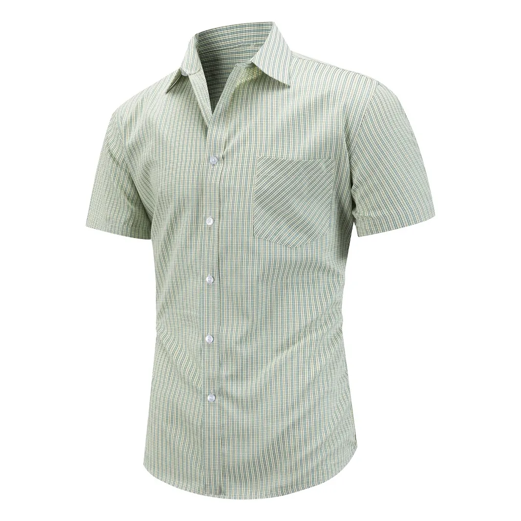 Herren Casual Kurzarm Gestreiftes Hemd Polyester Viskose Mischung Umlegekragen Geknöpftes Top Mit Brusttasche Sommer Kleidung