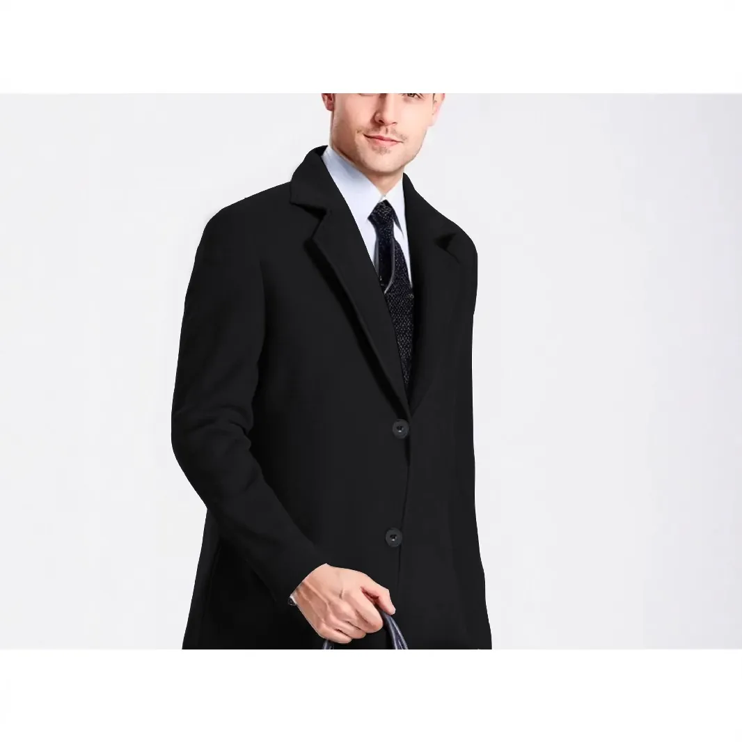 Men Business Casual Mid-Length Polyester Trench Coat Mercerized Solid Color Single Breasted Slim Fit Lapel Windbreaker Jacket