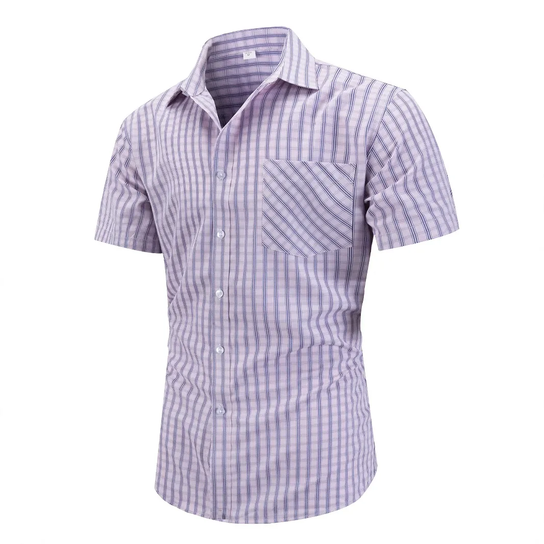 Men Business Casual Plaid Short Sleeve Shirt Button Down Lapel Collar Chest Pocket Polyester Rayon Blend Non-Iron Top