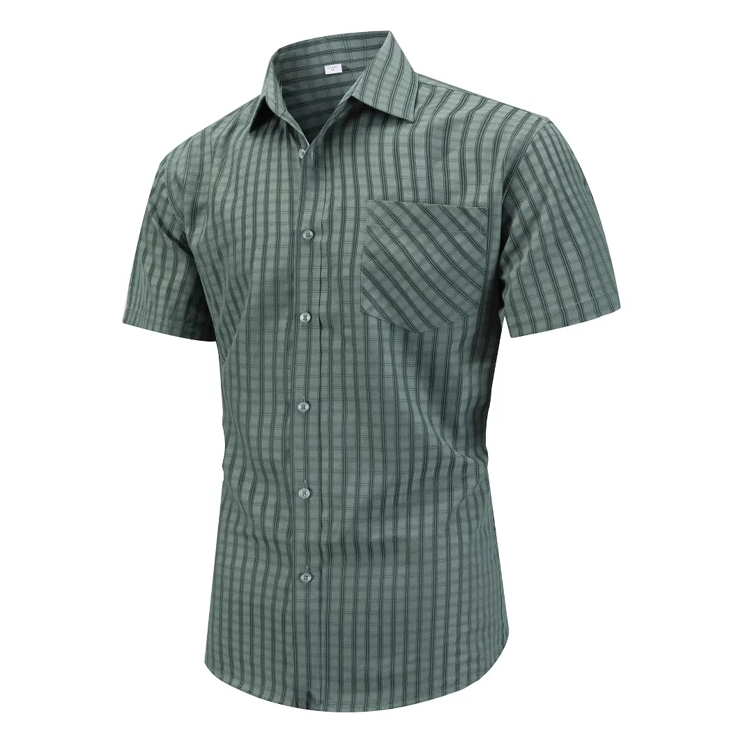 Camicia da Uomo a Maniche Corte a Quadri e Righe in Misto Poliestere e Rayon con Bottoni Top Business Casual con Taschino Estate Taglia US