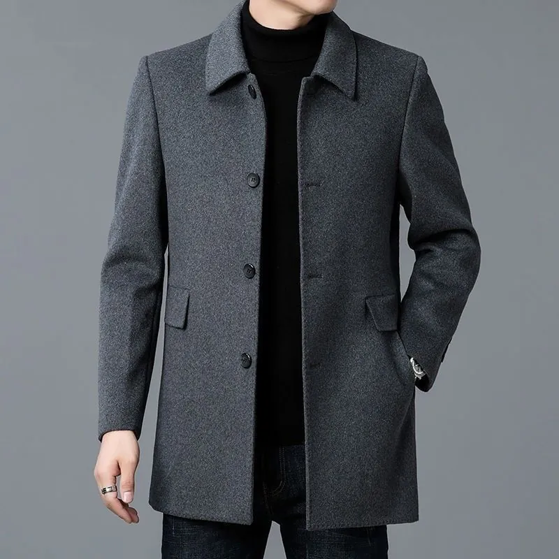 Men Business Casual Overcoat Lapel Single Breasted Long Trench Coat Warm Polyester Blend Outerwear Korean Style Fashion Male Apparel