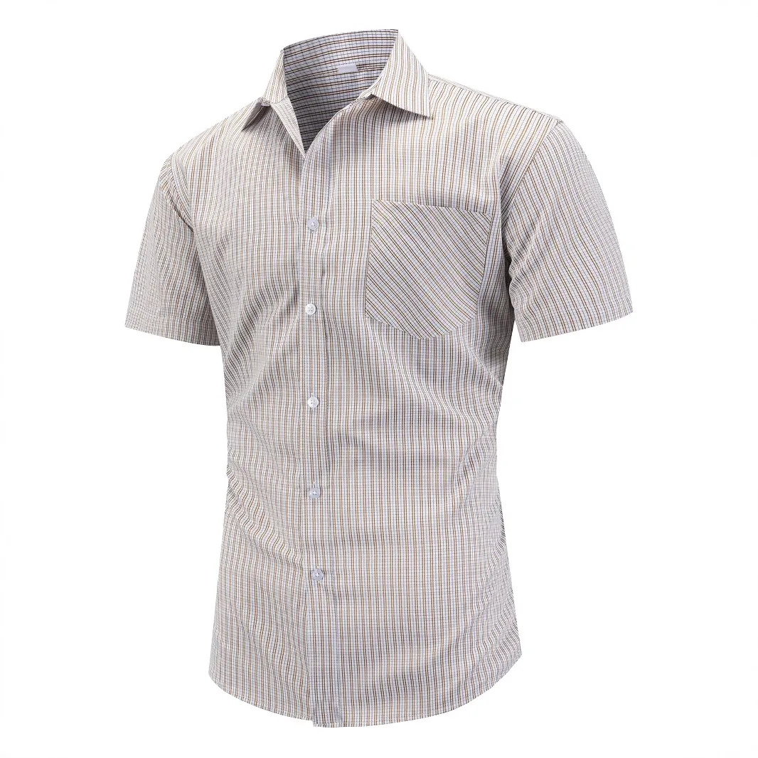 Men Summer Casual Short Sleeve Shirt Minimalist Plaid Striped Pattern Lapel Button Down Polyester Breathable Non Iron Tops
