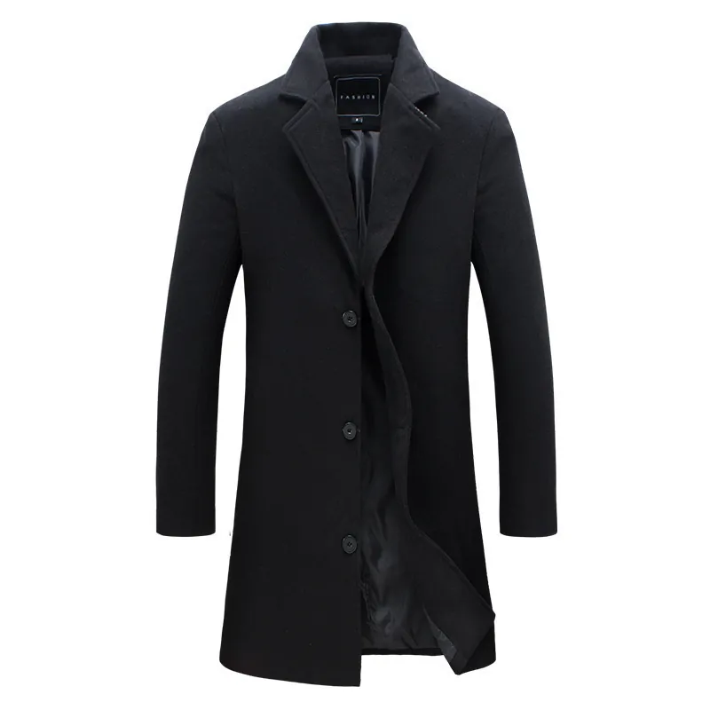 Men's Classic Wool Blend Mid-Length Trench Coat Business Casual Single Breasted Lapel Overcoat Solid Color Winter Outerwear