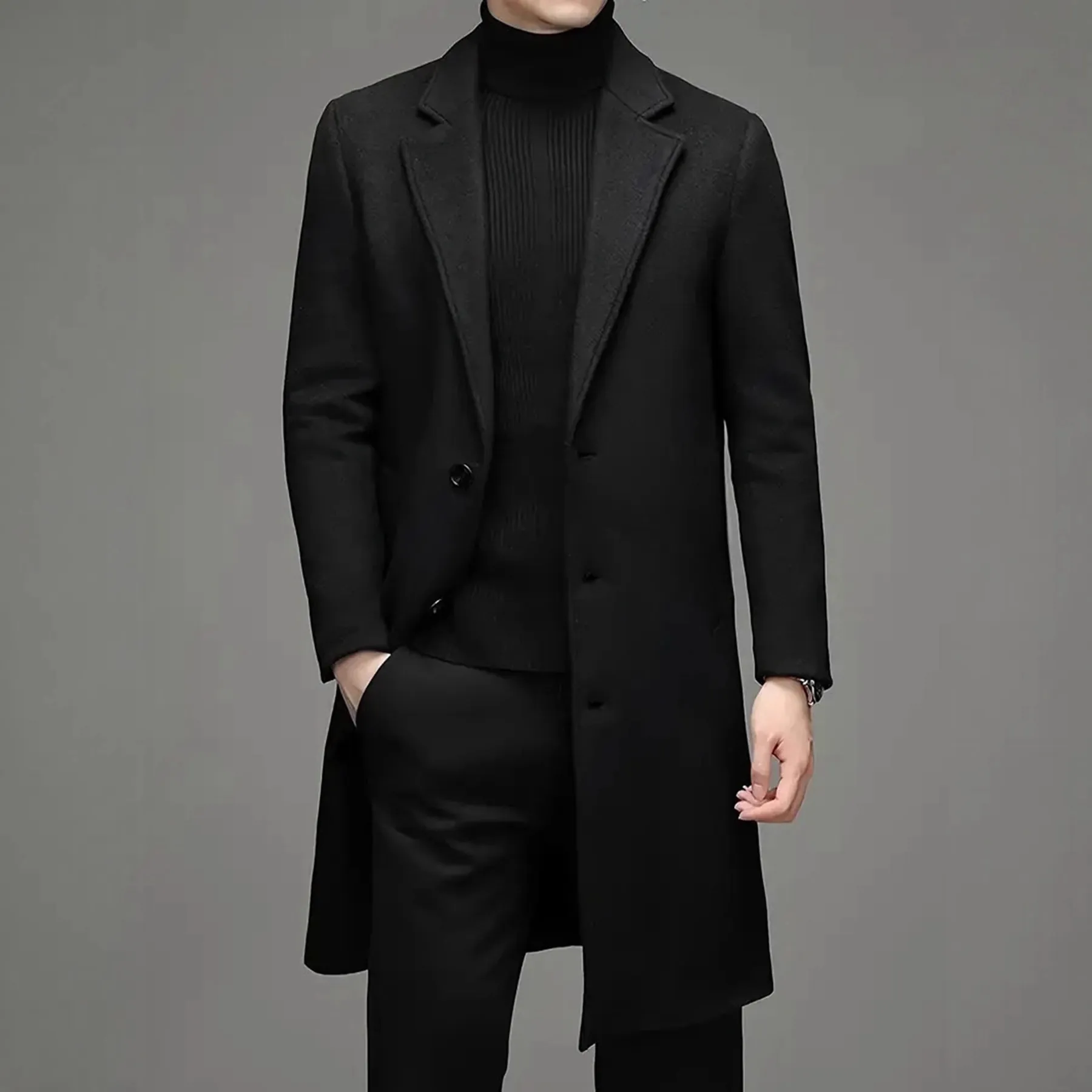 Men Mid-Length Trench Coat Wool Like Polyester Overcoat Single Breasted Notched Lapel Slim Fit Business Casual Outerwear