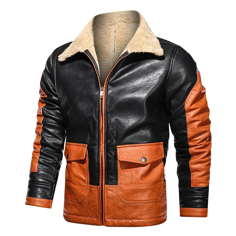 Giacca da Pilota in Pelle da Uomo Con Fodera in Finta Pelliccia di Agnello Contrast Colorblock PU Cappotto Invernale Antivento Caldo Retro
