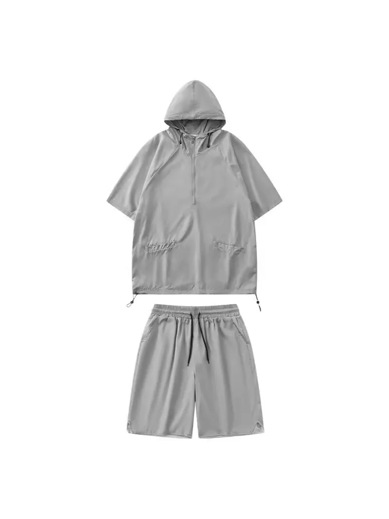 Men Techwear Sport Suit Lightweight Breathable Polyester Hooded T-Shirt And Shorts Quick Dry Activewear Summer Two Piece Outfit