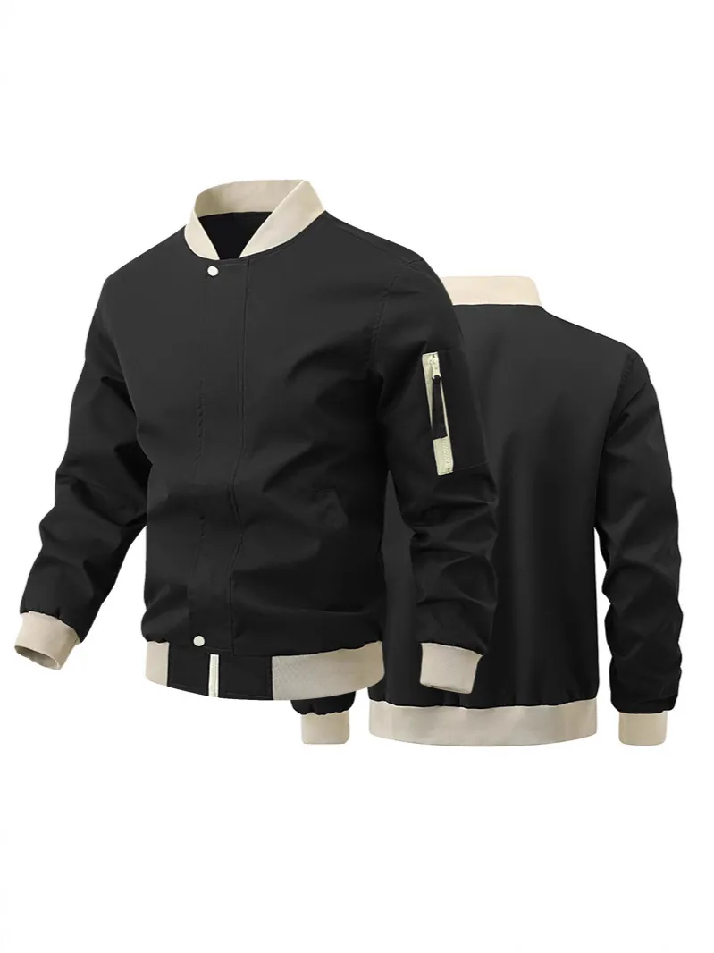 Men Casual Bomber Jacket Windproof Polyester Patchwork Baseball Collar Zip Up Outerwear Coats For Daily Streetwear