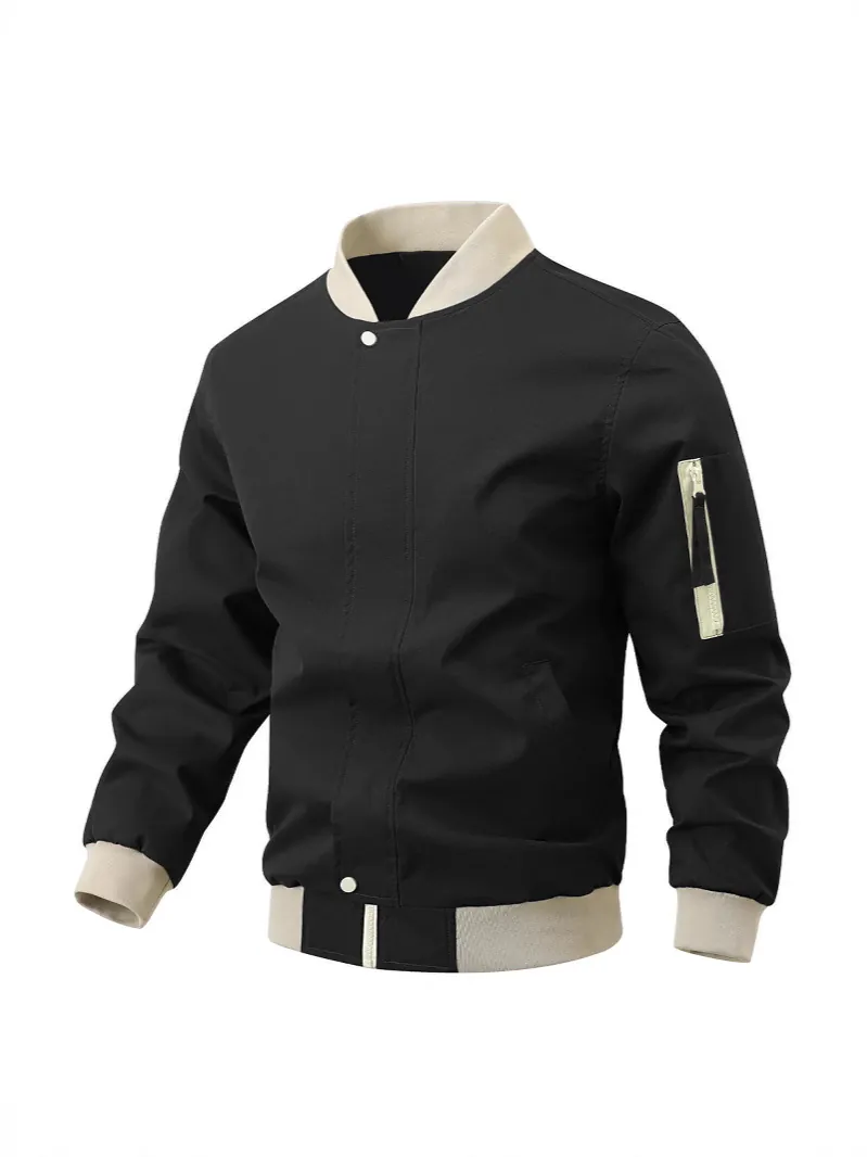 Men Lightweight Bomber Jacket Polyester Blend Stand Collar Zip Up Casual Windproof Outerwear Ribbed Cuffs Sports Coat