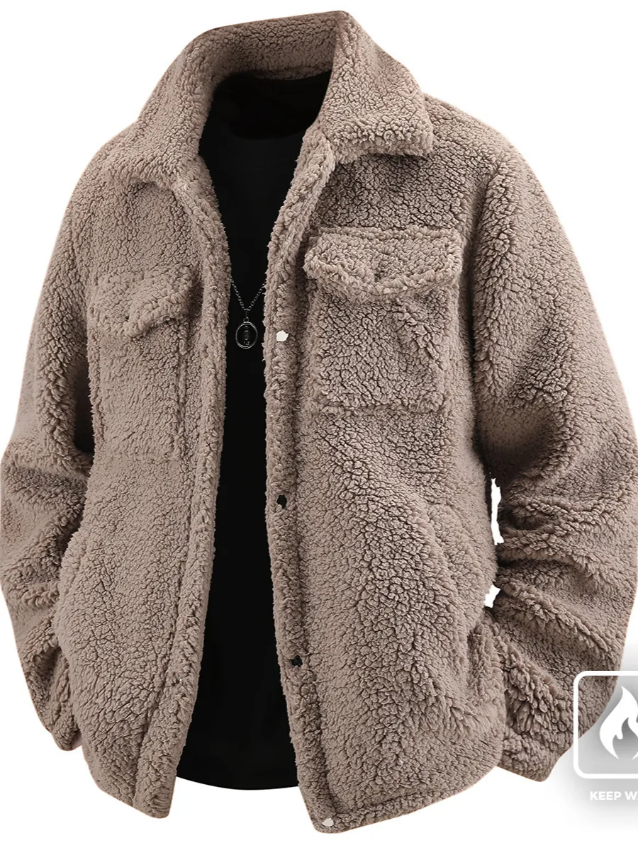 Herren Verdickte Sherpa-Fleecejacke Warmer Wintermantel Lässig Revers Lockere Oberbekleidung Khaki