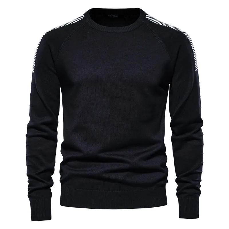 Men Slim Fit Viscose Blend Knit Sweater Long Sleeve Round Neck Striped Shoulder Casual Urban Style Pullover Winter Warm Top