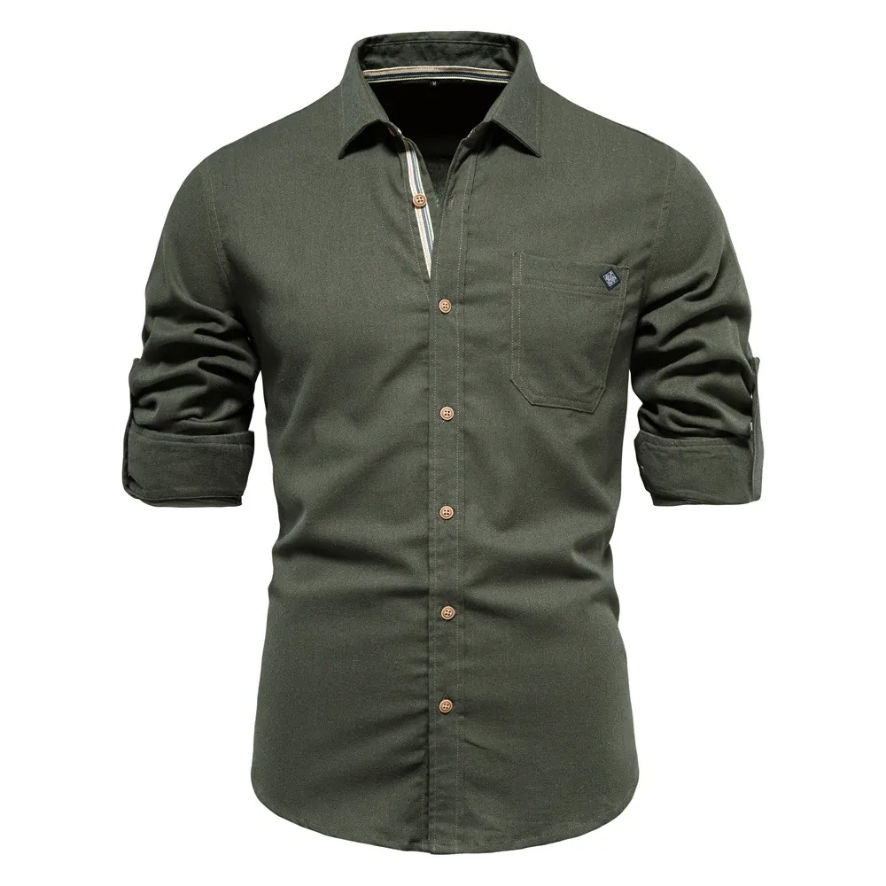 Men Long Sleeve Cotton Casual Shirt European Size Brushed Texture Turn Down Collar Embroidered Pocket Solid Button Up Tops