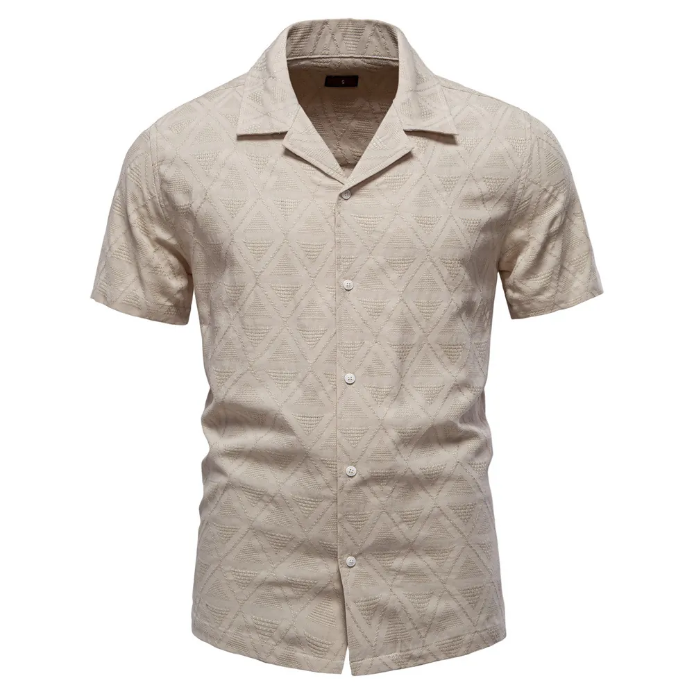 Men Cotton Blend Jacquard Short Sleeve Shirt Breathable Geometric Triangle Pattern Business Casual Smart Button Down Top