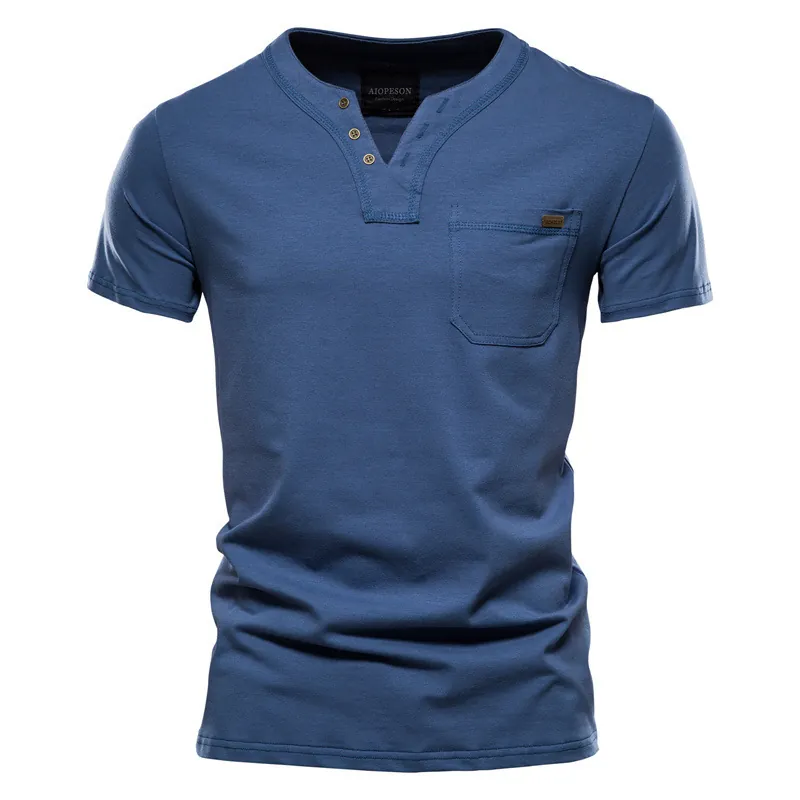Men's 100% Cotton Henley T-Shirt Casual Short Sleeve V Neck Shirt With Three Buttons And Pocket Solid Color Slim Fit Japanese Style Top