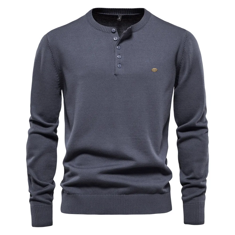 Men's Long Sleeve Henley Neck Knit Sweater Casual Cotton Blend Solid Color Button Pullover Top For Autumn Winter