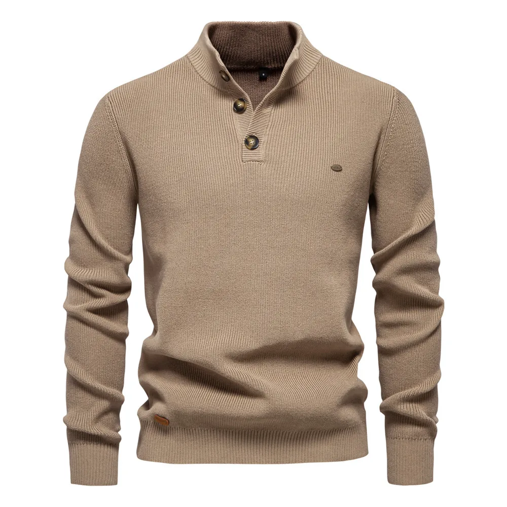 Men Stand Collar Button Placket Knit Sweater Ribbed Cotton Blend Long Sleeve Pullover Casual Business Solid Color Tops