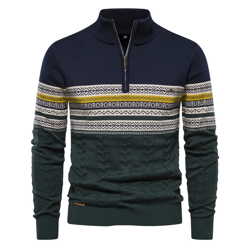 Men Half Zip Stand Collar Sweater Patchwork Fair Isle Knitted Top Winter Warm Cable Knit Pullover Casual Cotton Jumper