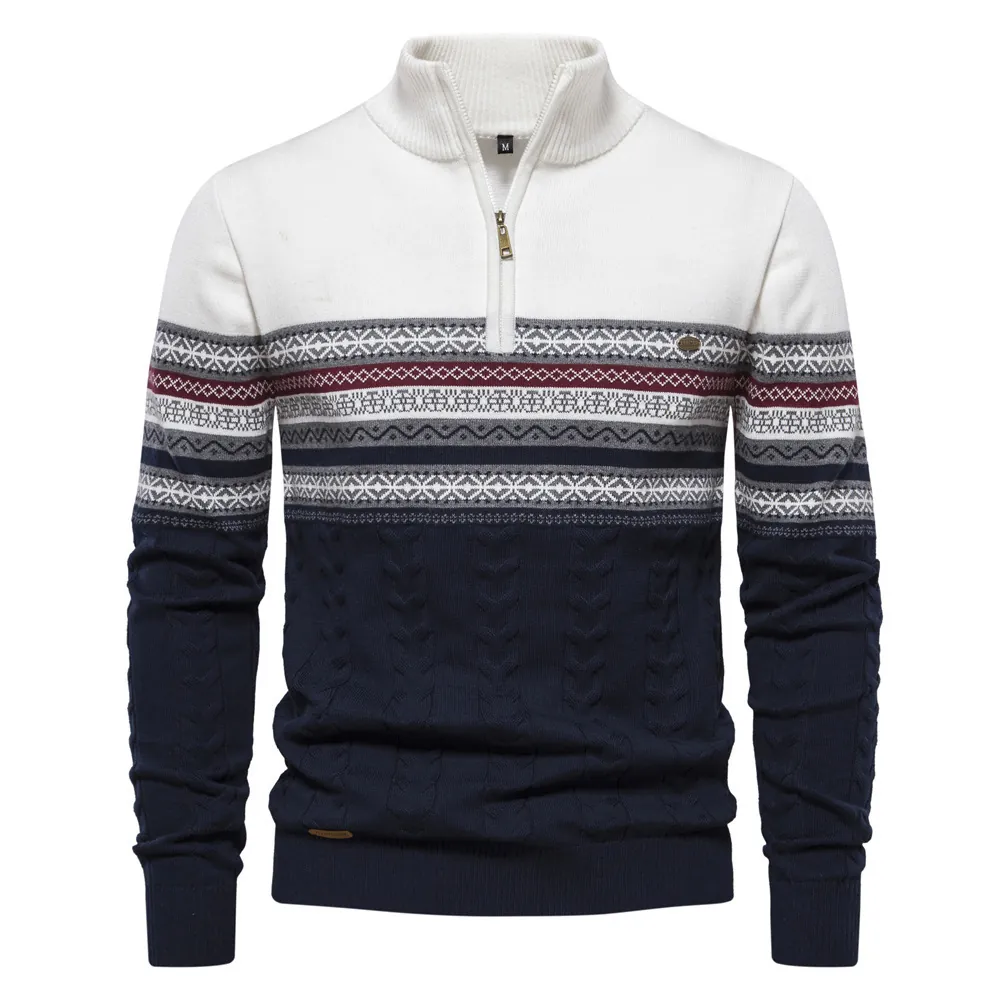 Men Casual Cotton Blend Half Zip Sweater Stand Collar Patchwork Jacquard Knitted Pullover For Autumn Winter Daily Wear