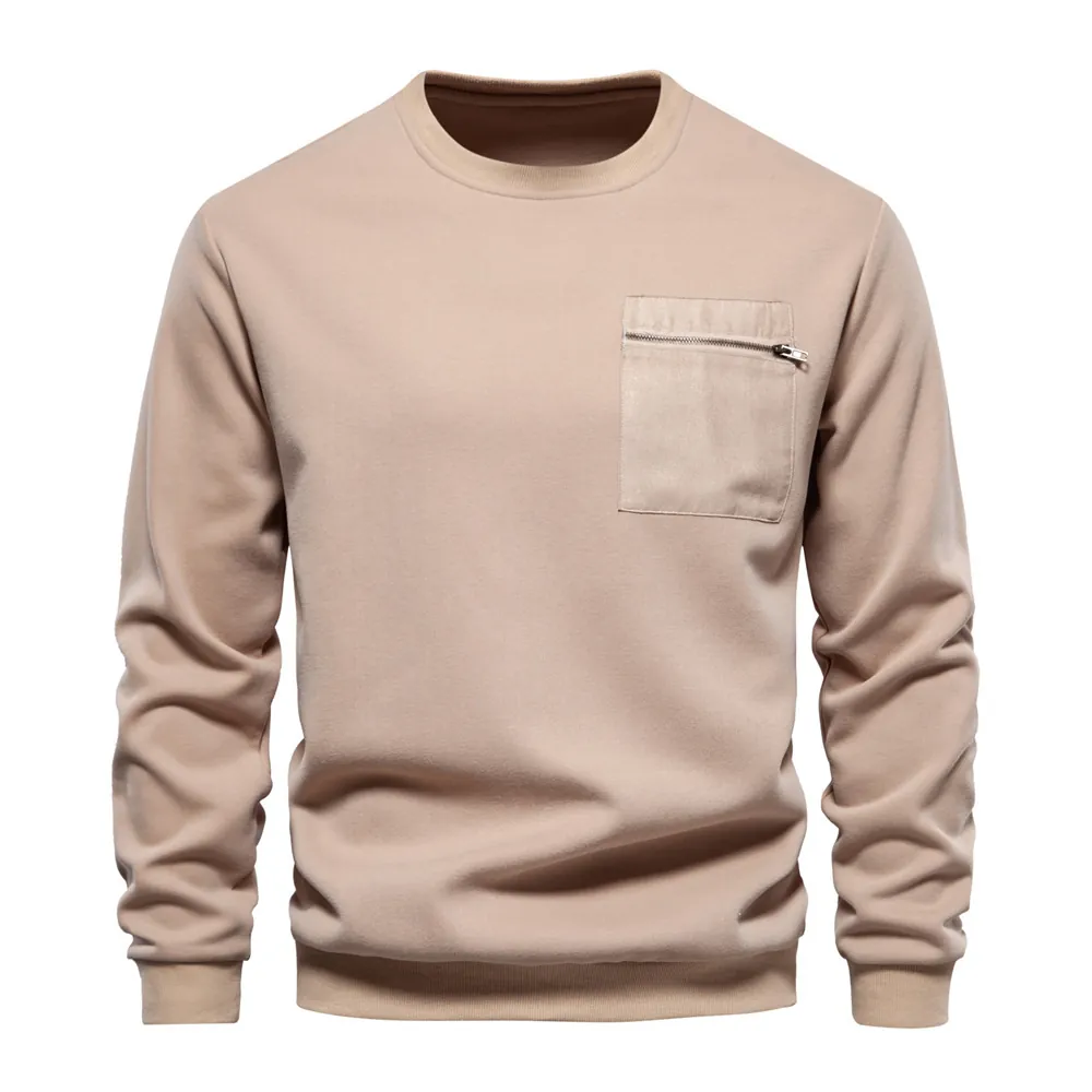 Men Casual Cotton Blend Sweatshirt Long Sleeve Crewneck Pullover With Functional Zipper Pocket Solid Color Loose Fit Top