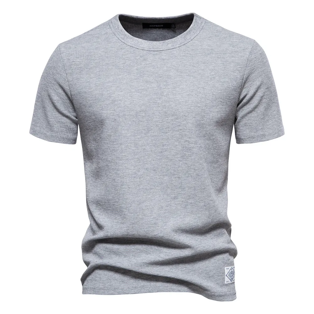 Men Waffle Knit Cotton Blend T-Shirt Casual Round Neck Short Sleeve Top Basic Solid Color Comfortable Summer Apparel