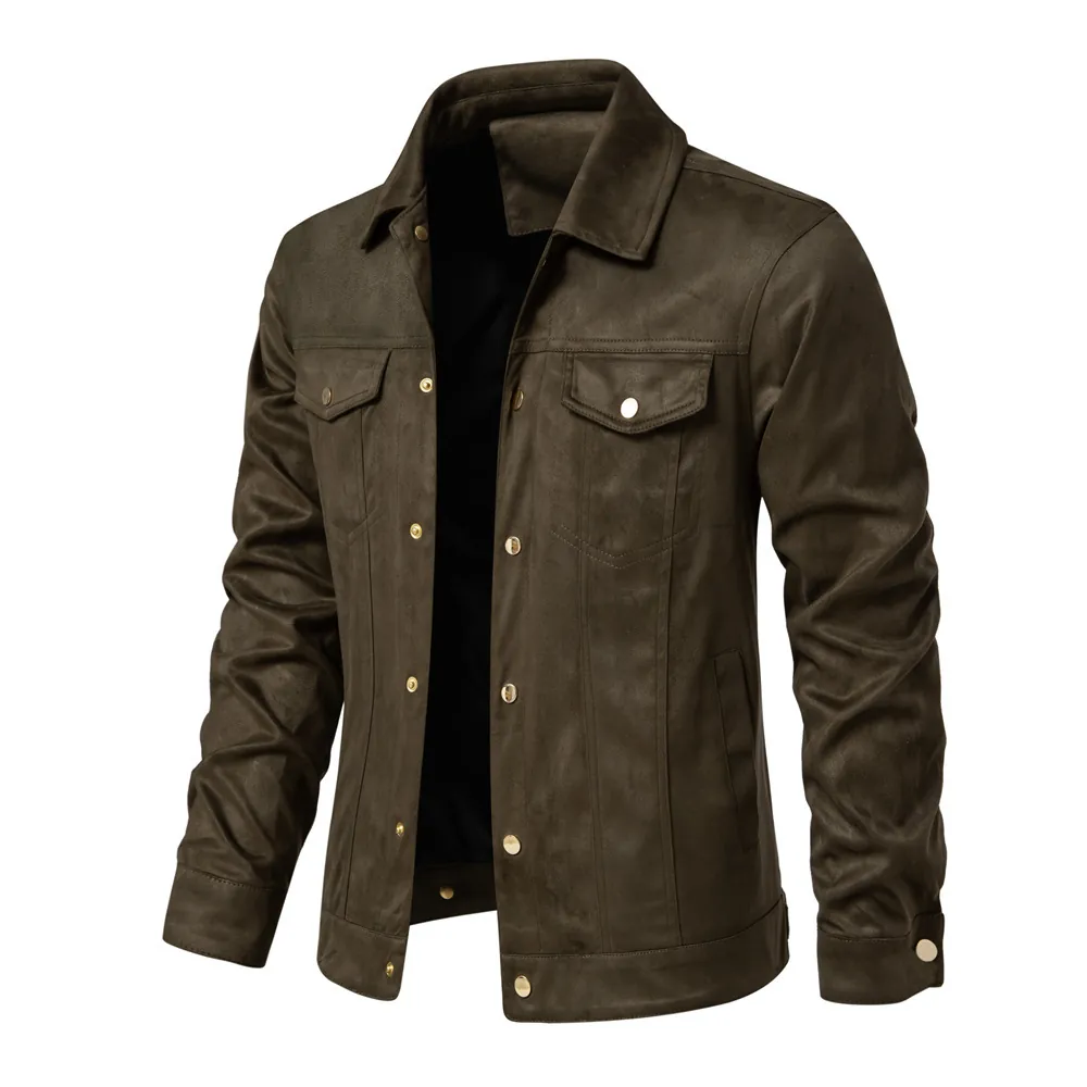 Men's Casual Polyester Faux Suede Jacket Turn-down Collar Button Down Outerwear Windproof Solid Color Workwear Coat For Men