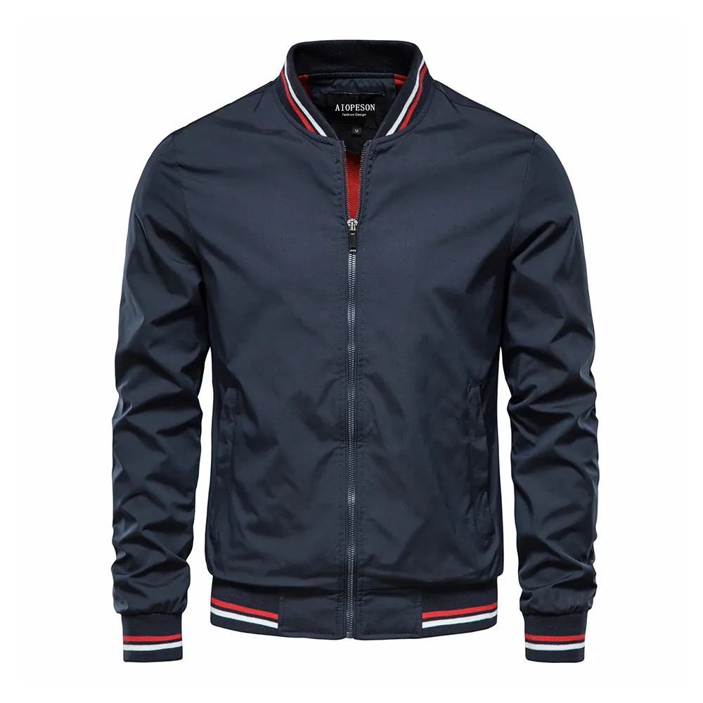 Men's Casual Bomber Jacket Stand Collar Windproof Polyester Outerwear Sporty Stripe Ribbed Trim Full Zip Lightweight Coat