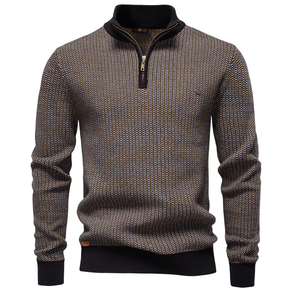 Pull Chaud et Épais pour Hommes avec Col Montant et Demi Fermeture Éclair Tricot en Coton Texturé Coupe Ajustée Décontractée