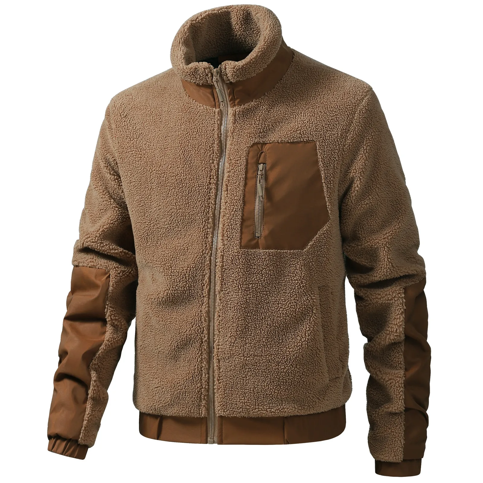 Herren Teddy Fleece Jacke Stehkragen Spleißen Multi-Taschen Winter Warm Outdoor Casual Full Zip Mantel Für Herren